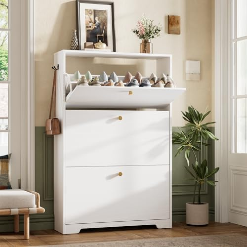 Nicetree Shoe Cabinet with 3 Flip Drawers, Narrow Shoe Organizer Cabinet, Freestanding Shoe Rack Cabinet, Modern Shoe Storage Cabinet for Entryway, Hallway, Foyer, White