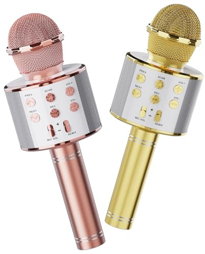 Wireless Bluetooth Karaoke Microphone 2 Pack, Gold&Rose, for Party Home KTV | 4-in-1 Handheld Mic for Karaoke Machine, Singing Speaker, Phone Android PC, Great Birthday Gifts for Girls Kids Adults