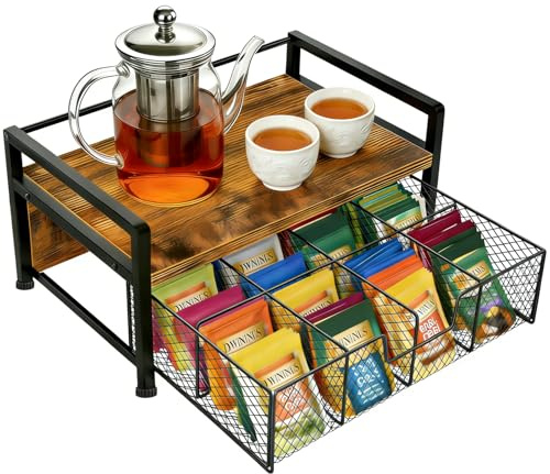 DOUBFIVSY Caja de Té Infusiones con 8 Compartimentos, Organizador de Té de Madera y Metal con Cajón, Caja de Almacenamiento Elegante para Té, Café, Especias, Encimera de Cocina, Porta Accesorios de Té