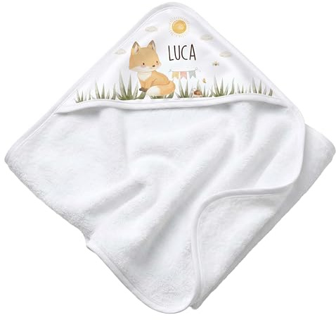 Kidsmood - personalisiertes Kapuzenhandtuch Baby | Niedliches Babyhandtuch mit Namen - Flauschig & sicher für zarte Babyhaut Liebevolles Geschenk zur Geburt Mädchen & Jungen (80x80 cm | Fuchs Wiese)