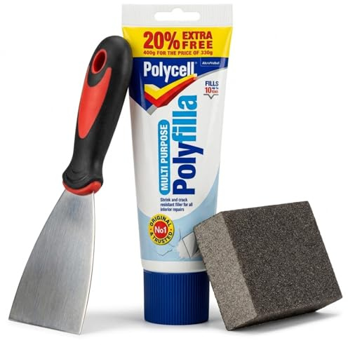 Polycell Polyfilla Multi Purpose Ready Mixed Wall Filler 396g Tube with 3 Professional Scraper & Flexible Sanding Block — Complete Wall Repair Kit