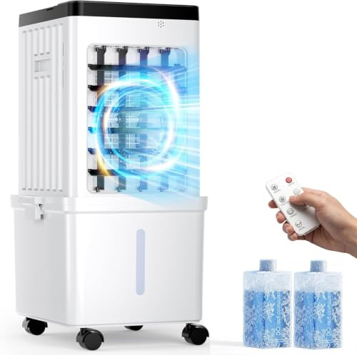 Evaporative Air Cooler, 15L Evaporative Cooling Fan with Remote & 2 Ice Packs, 3-in-1 Hoseless Room Cooler with 3 Speeds, 7.5H Timer & 120° Oscillation, Portable Room Cooler For Office, Bedroom