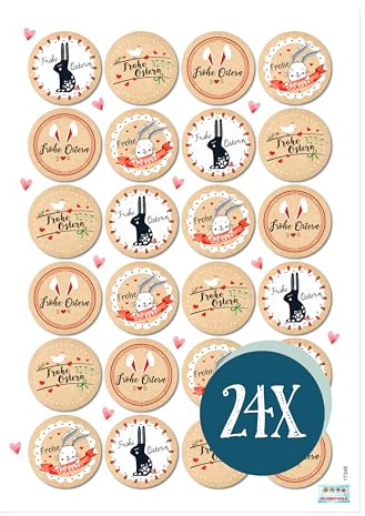 Frohe Ostern Aufkleber Set, 24 Stück: Osteraufkleber Schriftzug, Ostersticker Osterhase & Schrift, Osteretiketten Tüten, Geschenkaufkleber Klein, Sticker Osterhasen, Etiketten Selbstklebend, ⌀ 4 cm