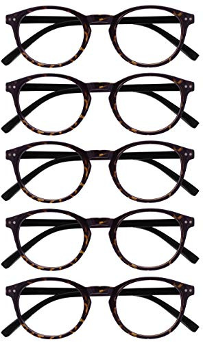 OPULIZE Zen Lesebrille 5er Pack Kleine Runde Rahmen Federscharniere Kratzfest Dunkelbraune Schildpatt Herren Damen RRRRR24-2 +1.50