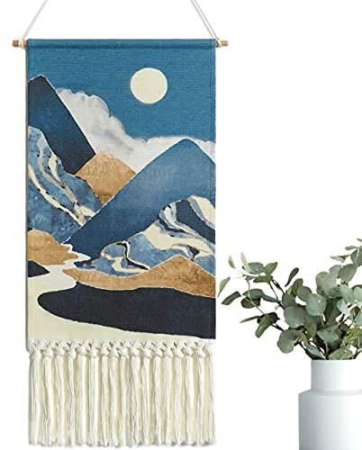 Alynsehom Macrame Woven Wall Hanging Tapestry Boho Wall Art Moon Mountain Chic Home Decor Bohemian Aztec Apartment Dorm Room Backdrop Decoration (Blue)