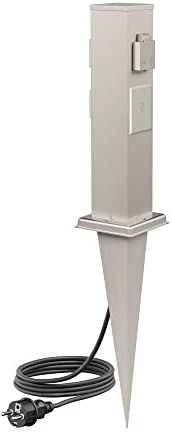 ledscom.de Garten-Steckdosen-Säule Polly mit Erdspieß und 2m Kabel für außen, IP44, 3-Fach, Smart Home, Edelstahl, eckig, 38cm