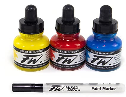 Daler Rowney FW, Set di inchiostri acrilici, 6 colori luccicanti con pennarello