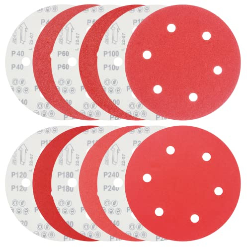 FEIHU 225mm Schleifscheiben 60erPack, 6 Löcher, verschiedene Körnungen 40/60/ 80/120/180/240 (je 10 Stück)，9inch Schleifpapier klett für Trockenbau, Langhalsschleifer