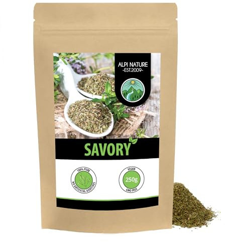 Alpi Nature Savoury Herb 250g 8.8 oz, Dried and Rubbed Satureja Leaves, Savory Spice for Cooking