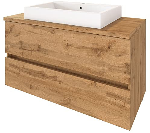 Lomadox Badezimmer Waschtisch 100 cm inkl. Keramik Aufsatzwaschbecken in Wotan Eiche Nb., B/H/T: ca. 100/63/48 cm