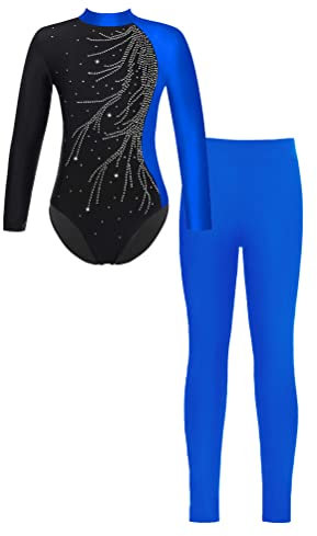 YOOJIA Mädchen Glänzend Turnanzug Trainingsanzug Langarm Gymnastikbody Strass Turnbody mit Leggings Wettkampf Tanzkostüme Blau 158-164