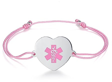 LinnaLove Medical Alert Bracelet for Women Adjustable Handmade Cord Medical ID bracelets with personalized engraved-Heart-Pink-nut allergy