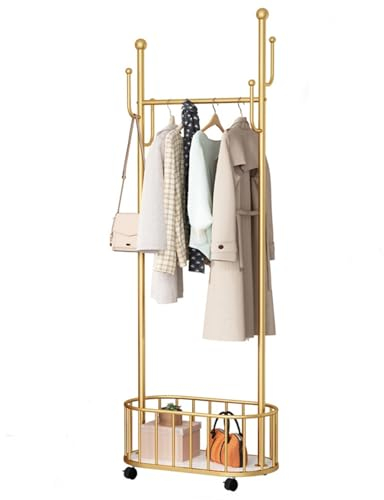 ToeWoe Kleiderständer mit Aufbewahrungskorb Freistehender Trolley-Kleiderständer Kleiderständer auf Rädern für Schlafzimmer, Wohnzimmer, 31.5 X12.6 X67, Gold