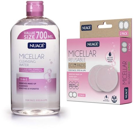 Micellar Cleansing Water 700ml + 2 Reusable Washable Vegan Eco Pads | Aloe Water Vitamin E Chamomile Flower Extract | Removes Makeup Face Eyes Lips (1 x 700ml Micellar Water + 2 Eco Pads)