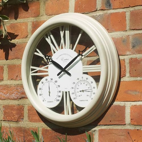 Exeter Wall Clock & Thermometer - Battery Powered Weatherproof Indoor Outdoor Home Garden Quartz Clock with Roman Numerals, Temperature & Humidity Dials - Measures H38.5 x W38.5 x D6cm, Cream