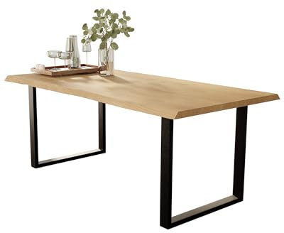 Liadomo Esstisch 180x90 Isa Natur, Baumkantentisch, Akazie Massivholz Tisch, 26mm Tischplatte Lackiert, Robust & Pflegeleicht, Unikat, U-Gestell Metall schwarz