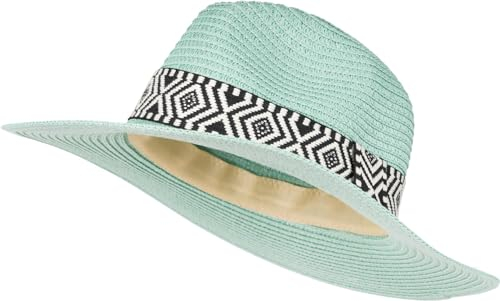 styleBREAKER Damen Panama Sonnenhut Einfarbig mit Stoff Hutband mit Azteken Muster, Strohhut, Schlapphut, Sommerhut, Fedora Hut 04025046, Farbe:Türkis