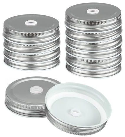 sourcing map 12Pcs Mason Jar Lids with Straw Hole, 70mm Tinplate Canning Lids Fits Regular Mouth Mason Jar, Drinking Lids Set Reusable for DIY, Drinking, Daily Food Storage, Silver