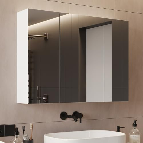 DICTAC Armario de Baño con Espejo 80x60x16cm Armario de Baño Montado en la Pared con Espejo y Estantes Ajustables Mueble Colgante de Aseo con 3 Puerta,80cm Gabinete de Almacenaje para Colgar,Blanco