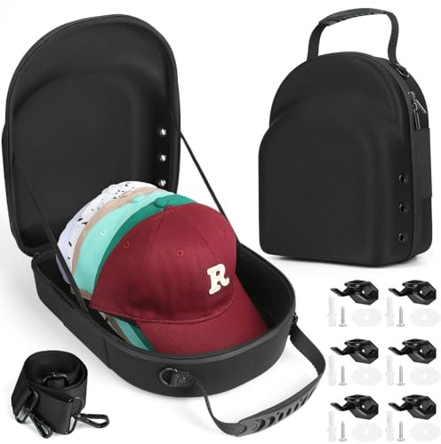 GERMUN Hartschalen-Baseball-Huttasche mit 6 Huthaken, Hut-Tragetasche mit verstellbarem Schultergurt, Hutkappenetui für 6 Baseballmützen – perfekt für Reisen (schwarz)