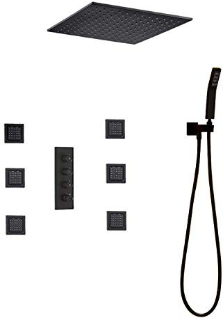 Modernes schwarz lackiertes Duscharmatur-Set mit Thermostat-Mischbatterie, 40,6 cm, Regenduschkopf, 6 Körpersprays und Handbrause, Luxus-Duschset, Dekoration