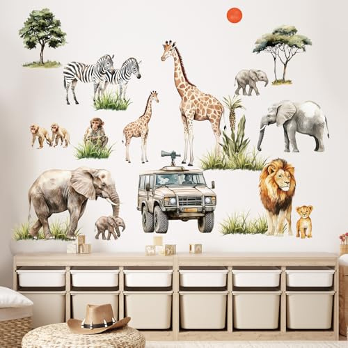 SHUCHING Wandtattoo SafarI Tiere, Wandaufkleber Elefant Löwe Giraffe, Selbstklebend Wandsticker für Spielzimmer Kinderzimmer Babyzimmer Jungen