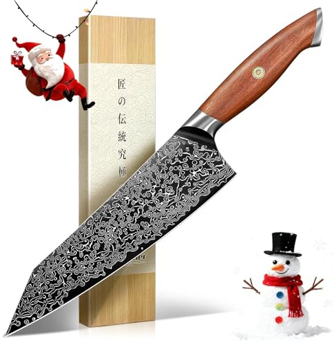 Freelander Coltello Giapponese Kiritsuke in Acciaio VG10 con Motivo Damasco, Coltello da Cucina Professionale Affilato con Manico in Legno Ergonomico, Ideale per Carne, Pesce e Verdure