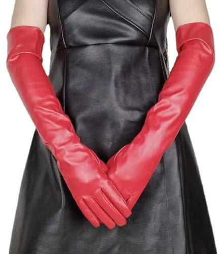 Wambere Damen Handschuhe Lang 50cm PU Handschuhe Warme Handschuhe für Herbst und Winter,Opernhandschuh Abendhandschuhe Performance Handschuhe Tanzhandschuh für Hochzeit Party Cosplay,Rot,L