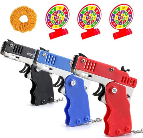 XOXVURI Toy Gun With Foldable Elastic 3 Pieces With 180 Pieces Soft Elastic Rubber Keychain Folding Metal Launcher Gun Con Obiettivo For Shooting Game, Nero, Blu, Rosso