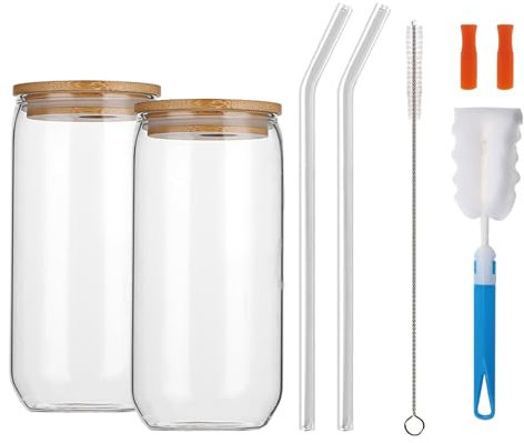 DYUEE Drinking Glasses with Wooden Lid and Glass Straw 2 PCS 500ml/17oz Iced Coffee Cup Transparent Can Glass Cups with Silicone Suction Nozzle, for Milk Coffee Ice Water