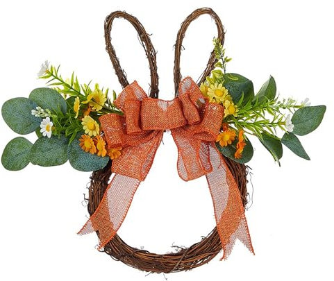33 cm Großer Osterhasen-Kranz mit Bunten Eiern, Künstlicher Osterkranz, Gemischte Blumen, Grüne Blätter, Hängender Kranz in Hasenform für Drinnen und Draußen, Hof, (32cm)