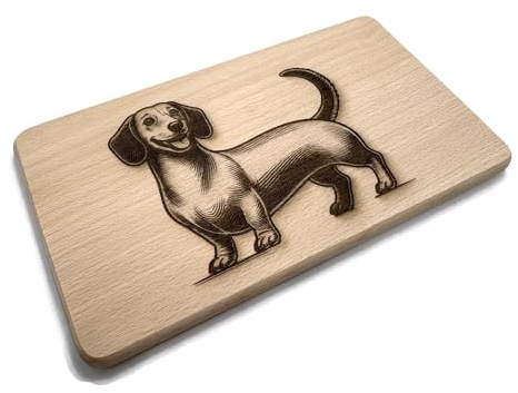 eXODA Dackel desayuno tabla de madera de haya 22 x 12 x 1 cm marrón claro con divertido motivo de perro salchicha duradera resistente al calor regalo ideal para fans de dachshund