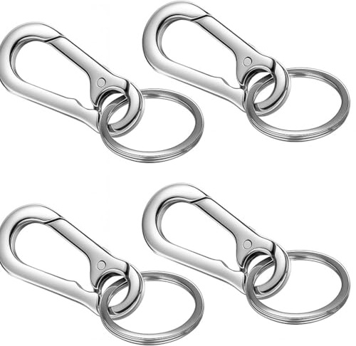 Packet of 4 units Heavy Duty Compact Metal Carabiner Keychain with Lobster Clasp, 68mm x 30mm Split Ring, Zinc Alloy, Silver