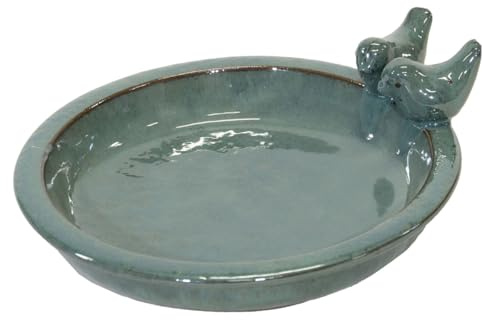 Fachhandel Plus | Vogeltränke Oasis aus glasierter Keramik, Ø 30 cm | mit Deko-Vögeln, Winterfest, Farbenfrohe Gartendeko & Wasserstelle für Vögel (Smaragdgrün)