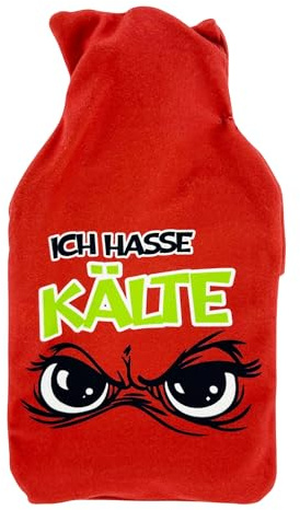 Wärmflasche 2 Liter mit Bezug – Witziges Design (Ich hasse Kälte, rot) | Festtags-Muffel – Anti-Weihnachten Bettflasche mit waschbarem Kuschelbezug – Geschenkidee für Weihnachtsmuffel