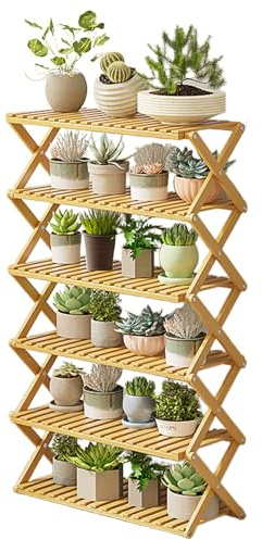 ASerZenith Bamboo 6 Tier Plant Stand Folding Rack Multiple Flower Pot Holder Shelf Indoor Outdoor Planter Display Shelving Unit for Patio Garden Corner Balcony Living Room（Natural-70cm/27.6）