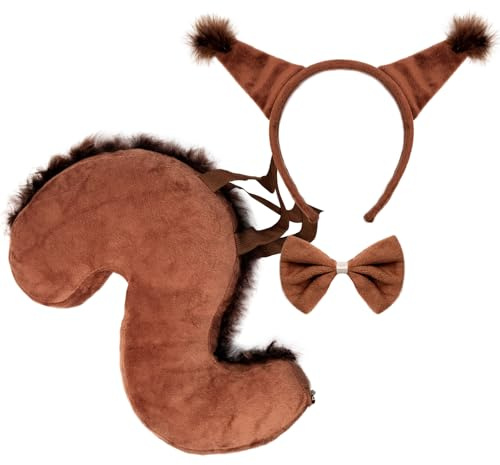AgagaQx Costume da Scoiattolo Marrone, 3PCS Set di Costume Animale Giocoso, Vestito Carnevale Animali, Orecchie Scoiattolo Papillon Coda Soffice, Costumi Carnevale Adulti per Cosplay Tema Giungla