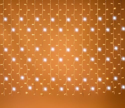 damastoreitalia Tenda Luminosa Natalizia 12 metri Stalattiti a LED 480 Luci calde + Flash Bianco Freddo per Interno ed Esterno IP44 (Luce Calda)