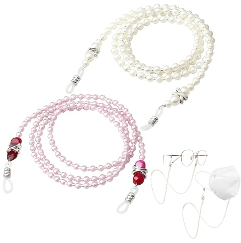 Cordoncino per occhiali da sole con perline, cordino per il collo degli occhiali, semplice e stravagante, regolabile, per donne e ragazze, decorazione intorno al collo, bianco e rosa, 2 pezzi