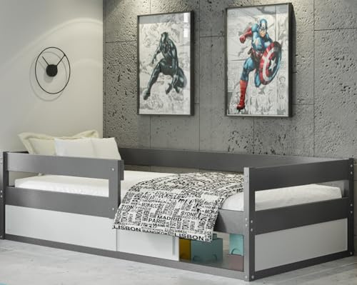 Interbeds Kinderbett Bodenbett Holzbett Einzelbett Montessori mit Rausfallschutz mit Lattenrost 160x80cm (grau)
