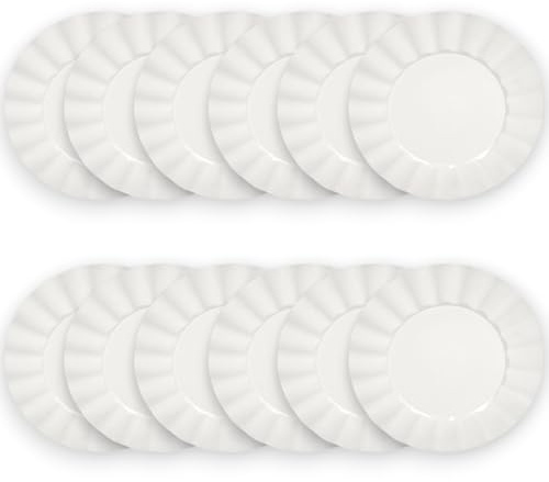 KORAT Set Sottopiatti Decorativi 33 cm con Bordo Ondulato – 4 Colori Eleganti (Rosso, Oro, Argento, Bianco) – Sottopiatto in Plastica Leggero per Feste, Tavola, Eventi e Natale (12, Bianco)