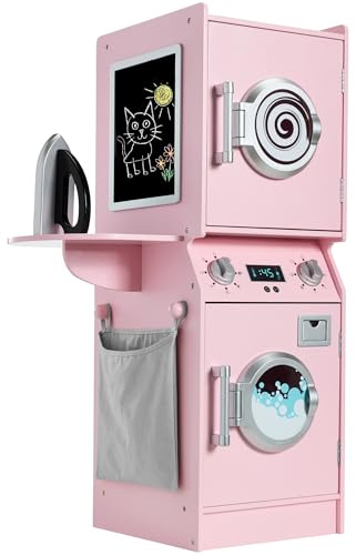 Best Choice Products Pretend Play Kids Wooden Stacked Washer & Dryer Set with Toy Laundry Storage, Space-Saving Design, with Accessories - Pink