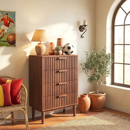 CDQL Cómoda, aparador, Mueble de Almacenamiento con 4 cajones para el recibidor, el Dormitorio y el salón, 60 x 34 x 91 cm, Color Nogal