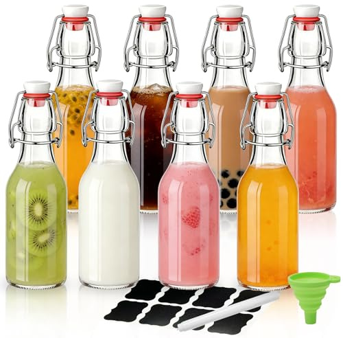 MEETOZ Glass Bottles with Stoppers,8PCS 250ml/9Oz Clear Glass Bottles | With Airtight Stoppers Clip Top Preserve Bottless,For Oil, Wine,Vinegar, Condiments, Water, Juice