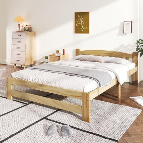 Merax Massivholzbett 140x200cm, Doppelbett aus Holz mit Kopfteil und Lattenrost, hochwertiges Bettgestell, Solide Futonbett, Jugendbett, Erwachsenenbett, ohne Matratze, Natur