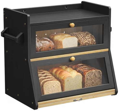 Yvsevnr Two-Layer Large Bread Box, Black Bread Bins for Kitchen | Double Decker Bread Box with Cutting Board, Clear Display Windows, Keep Fresh Food Container, Food Keeper for Muffins Cookies