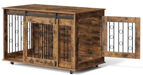 EUGAD Hundebox für Zuhause, Hundekäfig Möbel mit Doppeltüren und Rädern | für Kleine/Mittlere Hunde bis zu 60kg,100x56x58cm, Hundebox Holz Indoor, Vintagebraun, als Beistelltisch mit Scheunentür