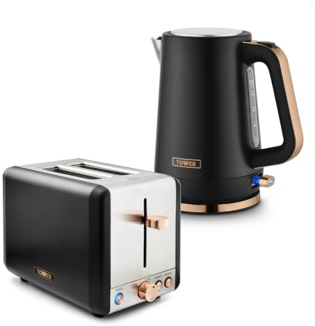 Tower Cavaletto Jug Kettle & 2 Slice Toaster Bundle, 1.7L 3kW Rapid Boil Kettle & 2 Slice Toaster with 6 Browning Levels, Black with Rose Gold Accents, EEJB455