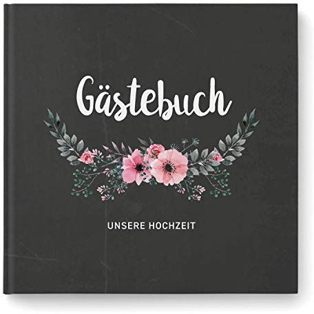 DeinWeddingshop Gästebuch zur Hochzeit mit Fragen - quadratisch - Hochzeitsgästebuch Hochzeitsalbum Hochzeitsbuch (Chalkboard Flower)