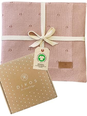 DIKOS® Babydecke Ajour Strick rosa - luftig-leichte Neugeborenen Decke aus weicher Bio-Baumwolle (GOTS/Oeko-TEX 100) - Perfekt als Kuscheldecke & Baby Mädchen Erstausstattung - Geschenk zur Geburt